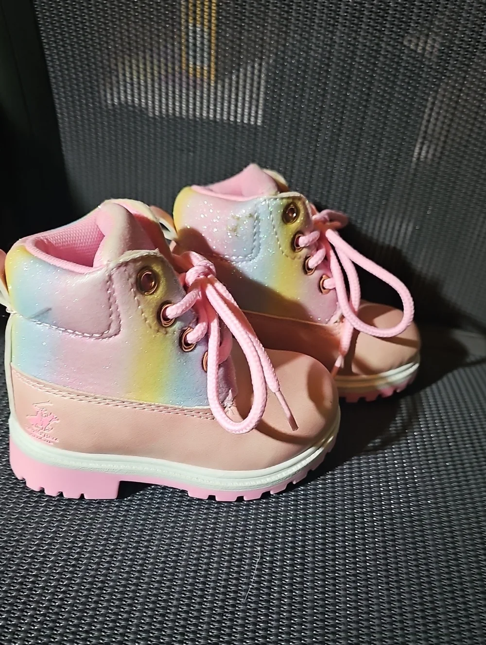 Nwot Beverly Hills Polo Club Pink Lace-Up Kids Ankle Boots with Rainbow Collar